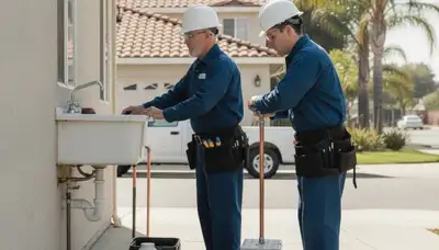 San Jose, CA plumbing repair technicians servicing a residential pipe leak for a local home