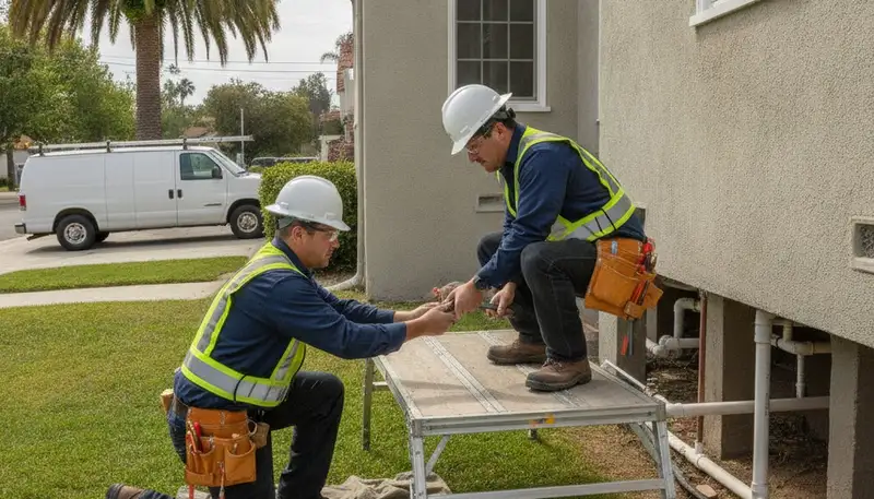 San Jose, CA plumbing repair technicians servicing a residential pipe leak with professional tools