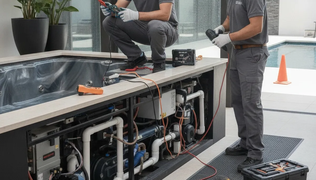 San Jose, CA plumber repairing a residential spa for reliable spa maintenance and service