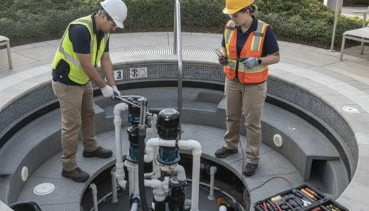 San Jose, CA spa repair plumber inspecting spa equipment for a home service visit